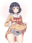  1girl :o bang_dream! bangs black_hair blush bow bow_panties brown_dress cowboy_shot double-breasted dress dress_lift embarrassed hair_flaps hanasakigawa_school_uniform lifted_by_self long_sleeves looking_at_viewer neck_ribbon panties pleated_dress red_eyes red_neckwear ribbon sailor_dress school_uniform short_hair solo striped striped_panties tamaguu_(lanev0) underwear ushigome_rimi white_panties 