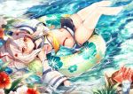  1girl ayanami_(azur_lane) azur_lane belt breasts cluseller cup day detached_sleeves drinking_straw floral_print flower food fruit innertube long_hair looking_at_viewer navel outdoors red_eyes see-through small_breasts solo thigh-highs thighs watermelon white_legwear 