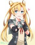  :d abukuma_(kantai_collection) bangs black_gloves black_jacket blonde_hair blue_eyes buttons double_bun eyebrows_visible_through_hair gloves gradient gradient_background grey_sailor_collar hair_between_eyes hair_rings heart highres jacket ka_tsumi kantai_collection long_hair looking_at_viewer neck_ribbon open_mouth partly_fingerless_gloves pleated_skirt red_ribbon remodel_(kantai_collection) ribbon sailor_collar school_uniform serafuku short_sleeves simple_background skirt smile twintails twitter_username 