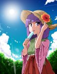  1girl bangs blue_sky blunt_bangs clouds commentary_request cowboy_shot day flower food forest hakama hat hat_flower hieda_no_akyuu holding holding_food japanese_clothes jitome kimono kousei_(public_planet) licking medium_hair nature outdoors popsicle purple_hair sky solo standing straight_hair straw_hat sun sunlight sweat tongue tongue_out touhou tree violet_eyes 