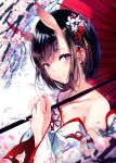  1girl bangs bare_shoulders black_hair blurry blurry_foreground blush closed_mouth collarbone commentary_request depth_of_field eyebrows_visible_through_hair fallen_heaven fate/grand_order fate_(series) flower hair_flower hair_ornament hands_up highres holding holding_umbrella horns japanese_clothes kimono long_sleeves looking_at_viewer off_shoulder oni oni_horns oriental_umbrella petals pink_flower red_flower red_rose red_umbrella rose shuten_douji_(fate/grand_order) smile solo torii tree_branch umbrella upper_body violet_eyes white_background white_flower white_kimono wide_sleeves 