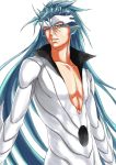  1boy abs bleach blue_eyes blue_hair dolo1327 grimmjow_jaegerjaquez highres long_hair long_sleeves looking_at_viewer male_focus mask parted_lips pointy_ears simple_background solo standing white_background 