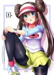  ! 1girl bangs black_legwear blue_eyes blush bow breasts brown_hair double_bun eyebrows_visible_through_hair hair_between_eyes highres large_breasts legwear_under_shorts long_hair looking_at_viewer mei_(pokemon) mokufuu open_mouth panties panties_under_pantyhose pantyhose pink_bow pokemon pokemon_(game) pokemon_bw2 raglan_sleeves shorts signature simple_background solo speech_bubble spoken_exclamation_mark twintails underwear very_long_hair visor_cap watch watch 