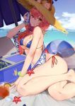  1girl absurdres animal_ear_fluff animal_ears arm_support beach beach_towel beach_umbrella bikini blue_bikini blue_sky breasts can clouds day ears_through_headwear fate/grand_order fate_(series) fox_ears fox_girl fox_tail hair_over_shoulder hat highres holding holding_can innertube large_breasts long_hair oceab outdoors pink_hair sky solo straw_hat sun_hat swimsuit tail tamamo_(fate)_(all) tamamo_no_mae_(swimsuit_lancer)_(fate) towel umbrella user_myea5333 yellow_eyes 