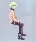  1boy artist_request blonde_hair full_body green_hair highres lio_fotia looking_at_viewer male_focus pants promare short_hair simple_background solo sweater violet_eyes white_background 