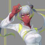  1girl black_nails blonde_hair breasts earrings grey_background grey_hair hand_up highres horns jewelry medium_breasts multicolored_hair original red_skin shirt simple_background smile standing toake_sakuya two-tone_hair upper_body white_shirt yellow_eyes 