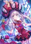  1girl bangs black_skirt blue_blood_moon blue_eyes blurry blurry_background blurry_foreground blush boots bug butterfly cowboy_shot dutch_angle eyebrows_visible_through_hair fate/grand_order fate_(series) flower gloves grin highres holding holding_flower insect long_hair looking_at_viewer marie_antoinette_(fate/grand_order) miniskirt pleated_skirt red_flower red_gloves red_rose red_shirt rose shirt silver_hair skirt sleeveless sleeveless_shirt smile solo standing thigh-highs thigh_boots very_long_hair white_footwear zettai_ryouiki 