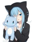  1girl amashiro_natsuki animal_ears animal_hood black_jacket blue_bow blue_eyes blue_hair blush bow camisole cat_ears cat_hood collarbone commentary_request drawstring fake_animal_ears fang hair_over_one_eye hands_up head_tilt highres holding holding_stuffed_animal hood hood_up hooded_jacket jacket long_hair long_sleeves looking_at_viewer open_mouth original puffy_long_sleeves puffy_sleeves romaji_text simple_background sleeves_past_wrists solo stuffed_animal stuffed_cat stuffed_toy upper_body white_background white_camisole 