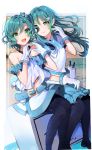  2girls :d ascot bang_dream! belly_peek belt bilibili_douga black_legwear black_neckwear blue_belt blue_skirt blush collared_shirt gloves green_eyes green_hair hair_ornament heart heart_hands highres hikawa_hina hikawa_sayo kongya logo long_hair multiple_girls navel open_mouth pantyhose shirt short_hair siblings sisters sitting skirt smile twins v-shaped_eyebrows white_gloves xiao_dianshi 