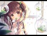  1girl blush brown_eyes brown_hair clover clover_hair_ornament covering_mouth hair_ornament looking_at_viewer ogata_chieri puffy_sleeves ribbon suimya twintails upper_body 
