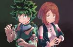  1boy 1girl blush bodysuit boku_no_hero_academia breasts brown_eyes brown_hair collarbone commentary_request dark_background energy eyebrows_visible_through_hair freckles gloves green_bodysuit green_eyes green_hair kaptivate looking_at_viewer midoriya_izuku open_mouth short_hair sidelocks simple_background smile upper_body uraraka_ochako white_gloves 