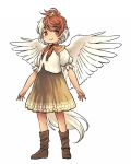  1girl bird boots brown_eyes brown_footwear brown_hair brown_skirt chick feathered_wings full_body highres knee_boots multicolored_hair niwatari_kutaka shirt short_hair simple_background skirt smile solo tail touhou two-tone_hair white_background white_hair white_shirt wings yudepii 