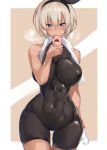  1girl abs alternate_breast_size blue_eyes blush bodysuit breasts cellphone covered_navel covered_nipples dark_skin eyebrows_visible_through_hair grey_hair hair_between_eyes hairband highres holding holding_cellphone holding_phone large_breasts muscle muscular_female navel phone pokemon pokemon_(game) pokemon_swsh saitou_(pokemon) self_shot short_hair short_sleeves simple_background skin_tight smartphone solo spider_apple sportswear sweat toned white_background wide_hips 