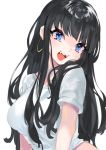  1girl :d aano_(10bit) bangs black_hair blue_eyes breasts earrings eyeliner highres jewelry large_breasts long_hair looking_at_viewer makeup naishi-chan open_mouth original sharp_teeth shirt simple_background smile solo t-shirt teeth white_background 