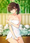 1girl absurdres blurry blurry_background bottle brown_eyes brown_hair highres holding holding_bottle jewelry kaga_(kantai_collection) kantai_collection looking_at_viewer mahou_shounen medium_hair milk_bottle naked_towel onsen ring side_ponytail smile solo towel wedding_band wet white_towel 