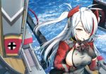  1girl :p antenna_hair artist_request azur_lane bangs black_gloves breasts dress_pull finger_to_mouth floating_hair gloves hair_between_eyes highres iron_cross large_breasts long_hair looking_at_viewer machinery mole mole_on_breast multicolored_hair outdoors prinz_eugen_(azur_lane) pulled_by_self redhead silver_hair smile solo streaked_hair swept_bangs tongue tongue_out turret two_side_up very_long_hair 