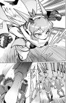  1girl doujinshi gloves greyscale headgear highres kicking kurihara_kenshirou long_scarf monochrome noise_(symphogear) senki_zesshou_symphogear senki_zesshou_symphogear_xd_unlimited short_hair tachibana_hibiki_(symphogear) 