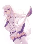  1girl bare_shoulders braid breasts cowboy_shot detached_collar elf emilia_(re:zero) floating_hair french_braid frown hair_ornament hand_on_own_chest hand_up highres long_hair long_sleeves looking_at_viewer miniskirt momingie open_mouth pleated_skirt pointy_ears re:zero_kara_hajimeru_isekai_seikatsu shirt sidelocks simple_background skirt small_breasts solo sweat thigh-highs violet_eyes white_background white_hair white_legwear white_shirt white_skirt wide_sleeves zettai_ryouiki 