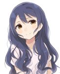  1girl alternate_hairstyle bangs blue_hair blush commentary_request hair_between_eyes long_hair looking_at_viewer love_live! love_live!_school_idol_project short_sleeves simple_background smile solo sonoda_umi totoki86 upper_body wavy_hair yellow_eyes 