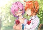  2girls ahoge blurry blurry_background blush bow breasts cellphone closed_eyes commentary_request day eyebrows_visible_through_hair eyes_visible_through_hair fate/grand_order fate_(series) fujimaru_ritsuka_(female) glasses hair_ornament hair_over_one_eye hair_scrunchie kotatsu_(kotatsu358) lavender_hair mash_kyrielight medium_breasts multiple_girls open_mouth orange_hair outdoors phone purple_hair red_bow red_neckwear scrunchie shirt short_hair side_ponytail smartphone smile violet_eyes white_shirt yuri 