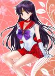  1girl back_bow bishoujo_senshi_sailor_moon black_hair bow choker commentary_request earrings elbow_gloves floral_background gloves highres hino_rei inner_senshi jewelry leotard looking_at_viewer oyaman pleated_skirt purple_bow red_background red_bow red_choker red_sailor_collar red_skirt sailor_collar sailor_mars sailor_senshi_uniform sitting skirt smile solo star star_earrings twitter_username violet_eyes white_gloves white_leotard 
