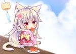  1girl :3 ai_(wakaba_iro_no_quartet) animal_ear_fluff animal_ears antenna_hair bangs black_footwear blue_sky blush bow cat_ears cat_girl cat_tail chibi closed_mouth clouds cloudy_sky day eating eyebrows_visible_through_hair floral_print flower food fruit grey_hair hair_between_eyes hair_flower hair_ornament holding holding_food japanese_clothes kimono long_hair long_sleeves looking_at_viewer looking_back outdoors pink_flower pink_kimono print_kimono ryuuka_sane short_kimono sky solo tail veranda very_long_hair violet_eyes wakaba_iro_no_quartet watermelon wide_sleeves wind_chime yellow_bow zouri 