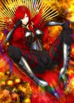  1girl black_gloves bow breastplate cape fate/grand_order fate_(series) gauntlets gloves greaves grin hair_over_one_eye high_heels long_hair looking_at_viewer oda_nobunaga_(maou_avenger)_(fate) red_eyes redhead sami_(object_dump) sitting smile solo spread_legs very_long_hair 