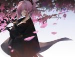  1girl absurdres asymmetrical_hair bangs black_kimono bleeding blood blood_on_face blue_eyes blurry blurry_background blurry_foreground cherry_blossoms collarbone cowboy_shot cuts depth_of_field dokshuri earrings fate/grand_order fate_(series) grey_background hair_between_eyes hair_ornament highres injury japanese_clothes jewelry jitome katana kimono looking_at_viewer miyamoto_musashi_(fate/grand_order) parted_lips pink_hair sheath sheathed short_hair sidelocks single_sidelock solo sword tree weapon wide_sleeves 