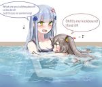  2girls anger_vein aoi_(aoisaka) blue_hair breasts embarrassed english_text girls_frontline green_eyes grey_hair hk416_(girls_frontline) multiple_girls pool speech_bubble swimming swimsuit ump45_(girls_frontline) yellow_eyes younger 