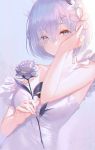  1girl blue_background blue_eyes blue_hair commentary_request cowboy_shot dress eyes_visible_through_hair flower hair_ornament hair_over_one_eye hair_ribbon pink_ribbon re:zero_kara_hajimeru_isekai_seikatsu rem_(re:zero) ribbon rose seol short_hair solo x_hair_ornament 