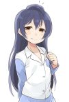  1girl alternate_hairstyle bangs blue_hair blush commentary_request hair_between_eyes long_hair long_sleeves looking_at_viewer love_live! love_live!_school_idol_project pajamas simple_background smile solo sonoda_umi totoki86 yellow_eyes 