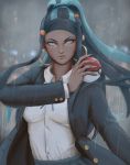  1girl absurdres almond_eyes artist_name blue_eyeshadow cuff_links dark_skin earrings formal highres hoop_earrings jewelry kumanz nintendo parted_lips poke_ball pokemon rain rurina_(pokemon) serious solo suit twitter_username 