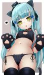  1girl animal_ears bangs bell bell_choker black_bra black_legwear black_panties bra cat_cutout cat_ear_panties cat_ears cat_lingerie cat_tail choker commentary_request cowboy_shot eyebrows_visible_through_hair facial_mark fake_animal_ears girls_frontline gloves green_eyes hat highres hk416_(girls_frontline) izuoku lingerie long_hair looking_at_viewer meme_attire mini_hat navel open_mouth panties paw_gloves paws side-tie_panties solo tail thigh-highs underwear underwear_only younger 