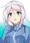  1girl alternate_costume bangs blue_background blue_eyes blue_sweater gradient gradient_background hair_tie hand_on_own_face highres kamelie kantai_collection long_hair looking_at_viewer mole mole_under_eye open_mouth parted_bangs sidelocks silver_hair solo sweater umikaze_(kantai_collection) upper_body white_background 