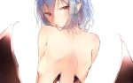  1girl :p bangs bat_wings blue_hair blush breasts commentary_request eyebrows_visible_through_hair from_behind hair_between_eyes looking_at_viewer looking_back no_hat no_headwear nude pointy_ears red_eyes remilia_scarlet sakusyo short_hair sidelocks simple_background slit_pupils small_breasts solo tongue tongue_out touhou upper_body white_background wings 