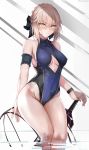  1girl ahoge arm_support artoria_pendragon_(all) bangs blonde_hair blush breasts center_opening commentary_request competition_swimsuit dark_excalibur eyebrows_visible_through_hair fate/grand_order fate/stay_night fate_(series) groin hair_ribbon hand_on_hilt highres long_hair looking_at_viewer medium_breasts misako12003 one-piece_swimsuit ribbon saber_alter sitting skindentation solo swimsuit sword thighs twitter_username wading weapon wet yellow_eyes 