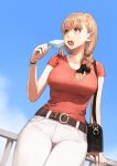  1girl bag bangs belt blue_sky bracelet breasts brown_hair commentary_request denim eating food hair_over_shoulder hair_ribbon handbag highres jeans jewelry jun_(seojh1029) large_breasts leaning_on_rail long_hair looking_away open_mouth original pants ponytail popsicle red_shirt ribbon shirt short_sleeves sky solo white_pants yellow_eyes 