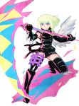  1boy black_gloves black_jacket blonde_hair c_kihara chest fire gloves green_hair half_gloves jacket kray_foresight lio_fotia looking_at_viewer mad_burnish male_focus promare shorts simple_background single_wing solo sword violet_eyes weapon white_background wings 