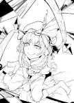  1girl bow brooch crystal flandre_scarlet frilled_shirt frilled_shirt_collar frills hat highres hiyuu_(flying_bear) jewelry medium_hair mob_cap monochrome perspective ribbon shirt short_sleeves solo touhou wings wrist_cuffs 