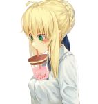  1girl absurdres ahoge artoria_pendragon_(all) blonde_hair blue_ribbon braid breasts bubble_tea_challenge commentary_request drinking drinking_straw eyebrows_visible_through_hair fate/stay_night fate_(series) from_side green_eyes hair_between_eyes highres medium_breasts ribbon saber shirt short_hair sidelocks solo torieto white_shirt 