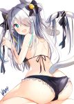  1girl :d absurdres animal_ears ass back bangs bare_arms bare_shoulders bell bikini black_bikini blue_eyes blush bow breasts cat_ears cat_girl cat_tail eyes_visible_through_hair fang frills hair_bow heart heterochromia highres jingle_bell long_hair looking_at_viewer looking_back medium_breasts nenobi_(nenorium) open_mouth original ribbon signature silver_hair simple_background smile solo swimsuit tail tail_ribbon thighs two_side_up white_background yellow_eyes 