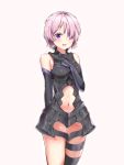  1girl absurdres arm_behind_back armor armored_dress bangs bare_shoulders black_dress black_gloves breasts commentary_request dress elbow_gloves fate/grand_order fate_(series) gloves hair_over_one_eye highres large_breasts looking_at_viewer mash_kyrielight navel open_mouth purple_gloves short_hair smile solo user_mawz3845 violet_eyes 