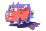  ^_^ black_eyes car closed_eyes commentary creature driving eagle_(pixiv8177028) floating gen_1_pokemon gen_4_pokemon gen_5_pokemon gen_6_pokemon gen_7_pokemon gengar ghost green_eyes grin ground_vehicle happy hiding hoopa litwick looking_at_viewer marshadow motor_vehicle no_humans pokemon pokemon_(creature) red_eyes rotom shadow signature simple_background smile steering_wheel translated white_background yamask 