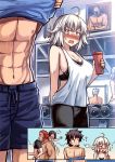  1girl 4boys abs alexander_(fate/grand_order) archer bangs beard breasts carrying carrying_over_shoulder commentary dumbbell english_commentary facial_hair fate/grand_order fate_(series) flustered fujimaru_ritsuka_(male) gym gym_shorts hetero jeanne_d&#039;arc_(alter)_(fate) jeanne_d&#039;arc_(fate)_(all) large_breasts mirror multiple_boys muscle peach_(momozen) pectorals redhead rider_(fate/zero) shirt_lift shirtless short_hair shorts silver_hair sports_bra sportswear tank_top tsurime undressing waver_velvet yellow_eyes 