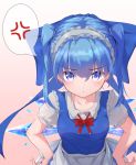  1girl alternate_costume alternate_hairstyle anger_vein apron bangs blue_bow blue_dress blue_eyes blue_hair blush bow bowtie cirno collarbone commentary_request dress enmaided eyebrows_visible_through_hair gradient gradient_background hair_between_eyes hair_bow hands_on_hips highres imoutochiru leaning_forward long_hair looking_at_viewer maid maid_apron maid_headdress pinafore_dress pink_background puffy_short_sleeves puffy_sleeves red_bow red_neckwear shirt short_sleeves solo spoken_anger_vein touhou twintails upper_body waist_apron white_apron white_shirt 