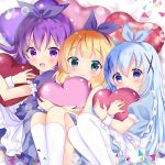  3girls :d :o apron bed_sheet blonde_hair blue_dress blue_eyes blue_hair blue_ribbon blush closed_mouth commentary_request dress frilled_apron frills gochuumon_wa_usagi_desu_ka? hair_ornament hair_ribbon heart kafuu_chino kirima_sharo kneehighs knees_up long_hair lying matching_outfit multiple_girls object_hug on_back open_mouth pantyhose parted_lips puffy_short_sleeves puffy_sleeves purple_dress purple_hair purple_ribbon ribbon rikatan short_sleeves smile tedeza_rize very_long_hair violet_eyes white_apron white_legwear x_hair_ornament 