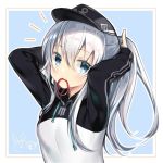  1girl alternate_hairstyle black_headwear blue_background blue_eyes haiba_09 hair_between_eyes hat hibiki_(kantai_collection) kantai_collection long_hair long_sleeves looking_at_viewer mouth_hold ponytail silver_hair solo sweater two-tone_background tying_hair upper_body white_background 