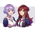  2girls :d alternate_hair_length alternate_hairstyle bangs blue_eyes closed_mouth collarbone cropped_torso earrings eyebrows_visible_through_hair grey_background hair_between_eyes highlights jewelry kaname_buccaneer long_hair looking_at_viewer macross macross_delta mikumo_guynemer multicolored_hair multiple_girls open_mouth purple_hair red_eyes redhead shimatani_azu smile two-tone_background upper_body very_long_hair white_background 