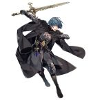 1boy 88_taho aqua_hair armor bangs black_pants blue_eyes byleth byleth_(male) dagger fire_emblem fire_emblem:_three_houses fire_emblem_heroes full_body gauntlets highres holding holding_sword holding_weapon long_sleeves looking_away male_focus official_art open_mouth pants reverse_grip shiny shiny_skin short_hair solo sword transparent_background weapon 