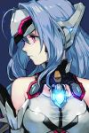 1girl android bare_shoulders blue_hair breasts elbow_gloves expressionless forehead_protector gloves hankuri kos-mos kos-mos_re: long_hair looking_away looking_to_the_side red_eyes solo very_long_hair xenoblade_(series) xenoblade_2 xenosaga